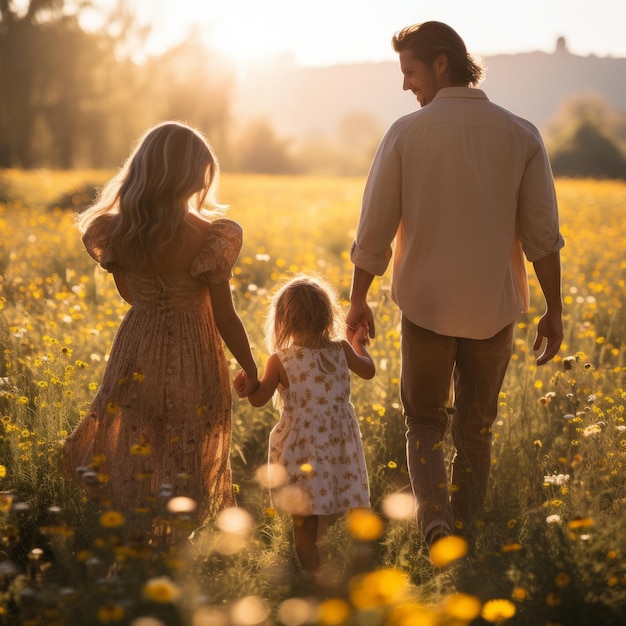 Famiglia di tre persone che camminano in un campo di fiori