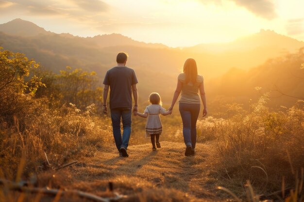 Famiglia di tre persone che camminano verso il tramonto