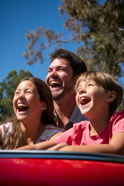 Famiglia di tre persone che ridono in un'auto cabriolet