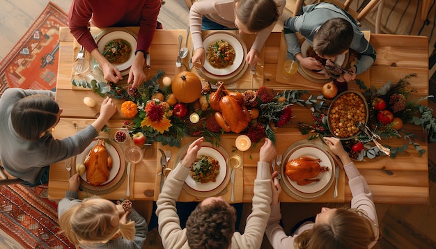 Famiglia felice a cena a tavola festiva il giorno del Ringraziamento vista dall'alto