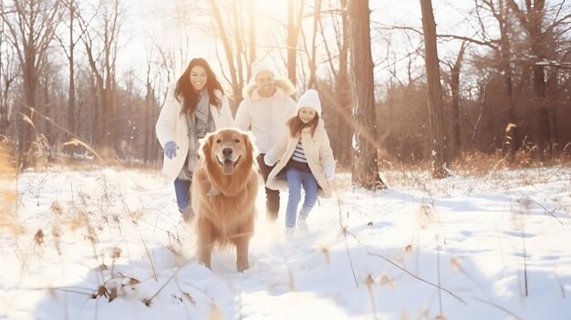 Famiglia felice a passeggiare il loro golden retriever in inverno nella foresta all'aperto