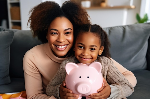 Famiglia felice afroamericana con un salvadanaio che guarda la telecamera sorridendo madre e figlia risparmiando soldi per l'assicurazione futura e il concetto di investimento
