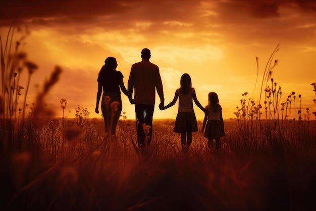 Famiglia felice al tramonto Padre Madre e figli AI generativa