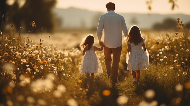 Famiglia felice che attraversa il campo Papà mamma e due figlie Foto di alta qualità