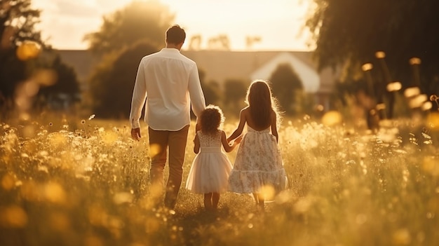 Famiglia felice che attraversa il campo Papà mamma e due figlie Foto di alta qualità