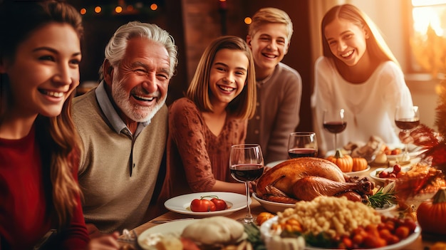 Famiglia felice che celebra il Ringraziamento al tavolo