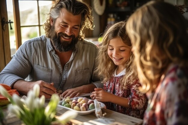 Famiglia felice che disegna e decora uova di Pasqua per festeggiare e prepararsi per le vacanze