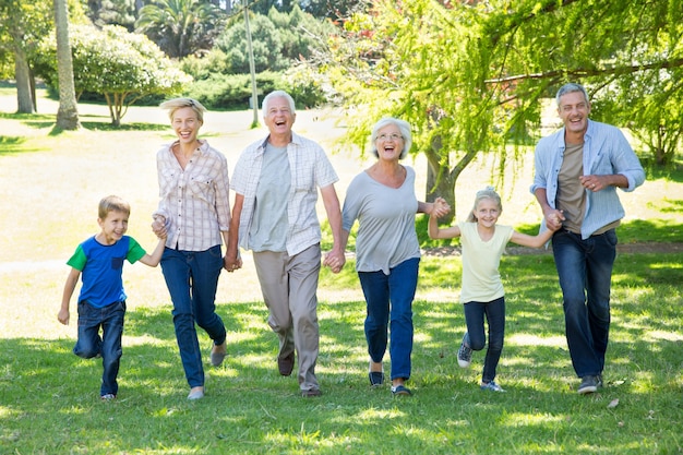 Famiglia felice che funziona nel parco