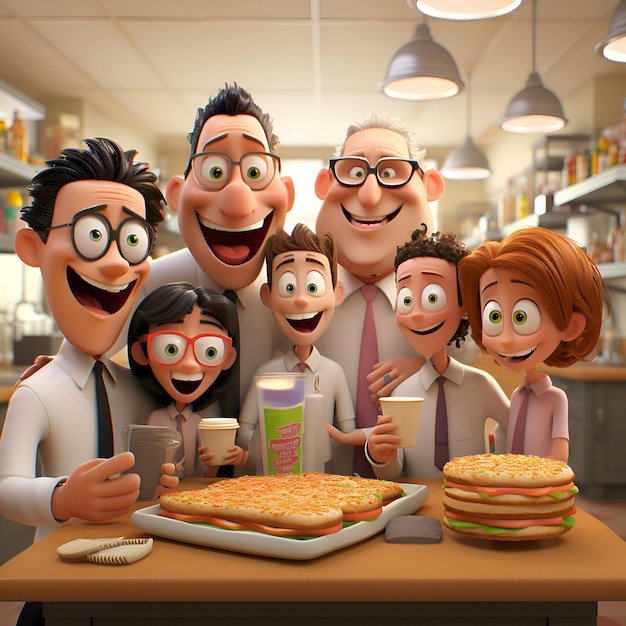 Famiglia felice che mangia cibo spazzatura in un ristorante fast food rendering 3D