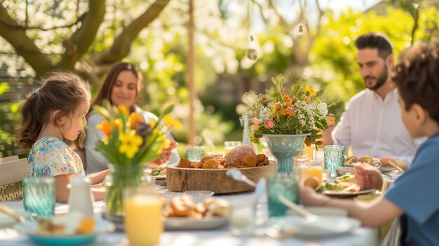 Famiglia felice che mangia una gustosa colazione di Pasqua o un brunch all'aperto in giardino