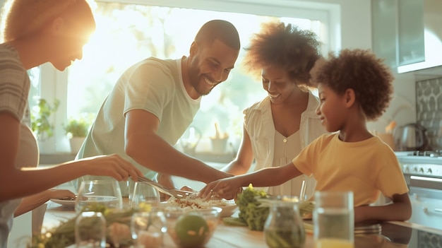 Famiglia felice che mette il tavolo in cucina AI generativa
