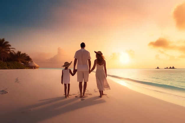 Famiglia felice che si diverte camminando sulla bellissima spiaggia. Vista sull'amore della famiglia