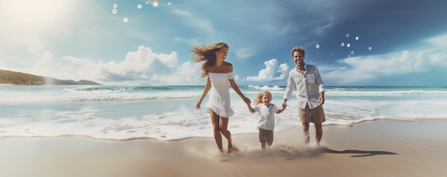Famiglia felice che si diverte sulla spiaggia Madre e padre che tengono il figlio Generativo ai