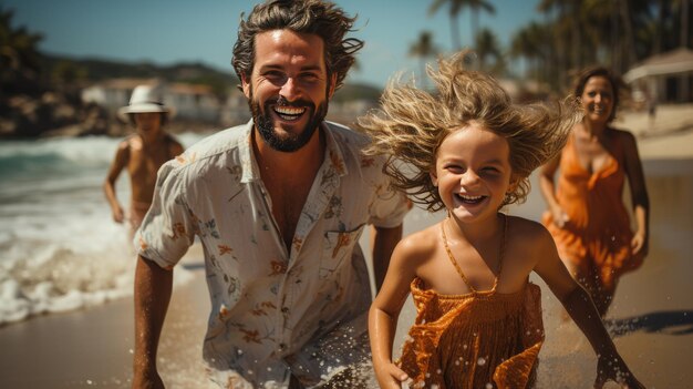 Famiglia felice che si gode una vacanza estiva in spiaggia attività all'aperto divertenti giochi di spiaggia tropicali