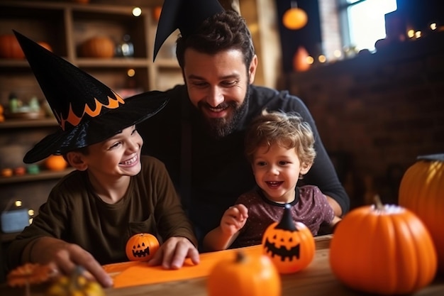 Famiglia felice che si prepara per Halloween! Il giovane padre e suo figlio in costumi di carnevale celebrano le vacanze