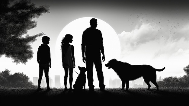 Famiglia felice con animali domestici e bambini stanno insieme in silhouette