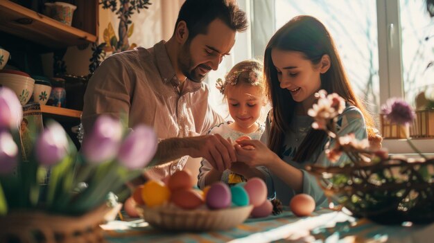 Famiglia felice con bambini piccoli che festeggiano la Pasqua e decorano le uova di Pasqua al tavolo da pranzo a