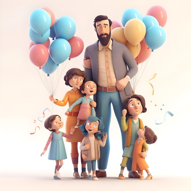 Famiglia felice con i palloncini Padre madre e figli rendering 3D