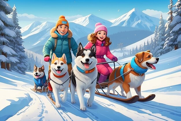 Famiglia felice con slitta di cane su un pendio innevato d'inverno illustrazione di stock