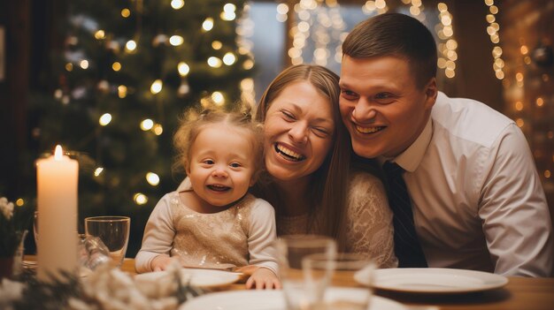 Famiglia felice con un bambino con la sindrome di Down e genitori sullo sfondo di una festa di Capodanno