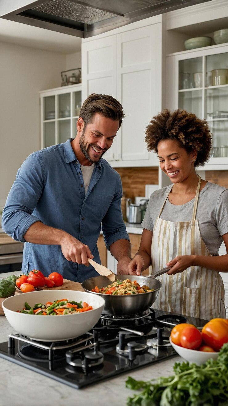 Famiglia felice di cucinare un pasto nutriente in cucina