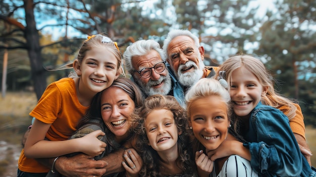 Famiglia felice di diverse età e generazioni in piedi insieme fuori e sorridendo alla telecamera