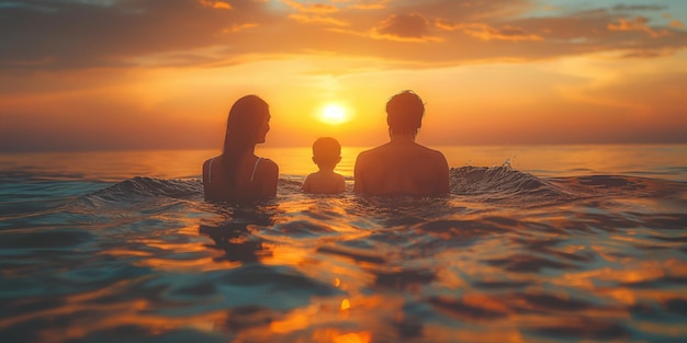 Famiglia felice di padre, madre e bambina che nuotano in mare al tramonto
