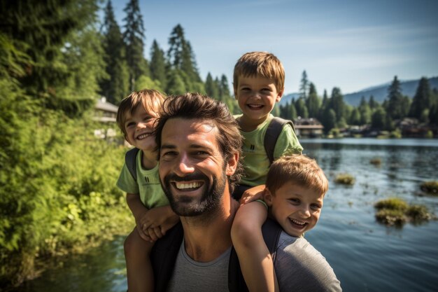 Famiglia felice di quattro persone al lago