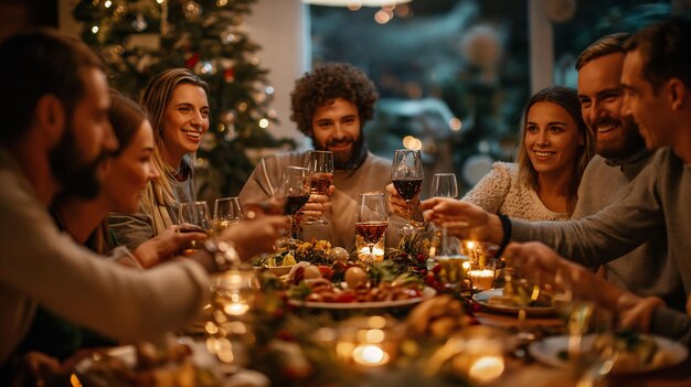 Famiglia felice e amici che festeggiano la festa a tavola a casa