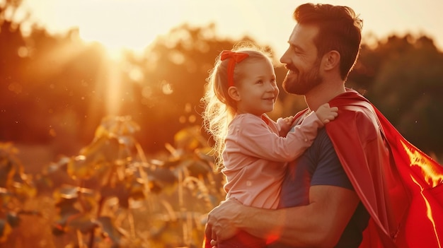 Famiglia felice e amorevole Padre e sua figlia giocano all'aperto Papà e sua ragazza in supereroe