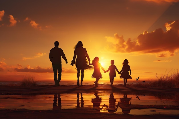 Famiglia felice e numerosa madre padre figli figlio e figlie che corrono nella natura al tramonto