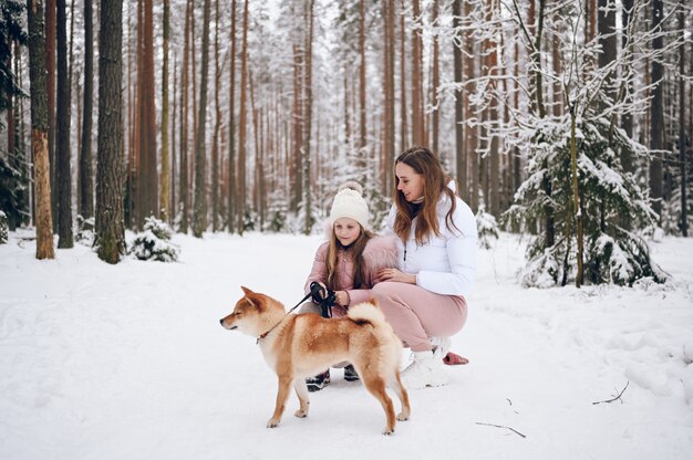 Famiglia felice giovane madre e piccola ragazza carina in outwear caldo rosa camminare divertendosi con il cane rosso shiba inu nella foresta di inverno freddo bianco nevoso all'aperto. Attività per le vacanze sportive in famiglia.