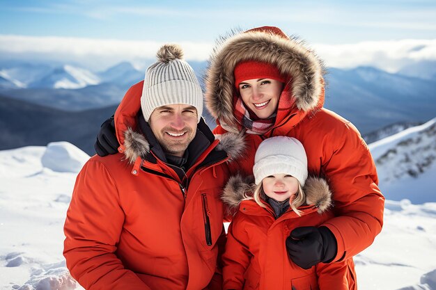 Famiglia felice in abiti da sci in montagna in inverno concetto di stile di vita attivo sport e viaggi