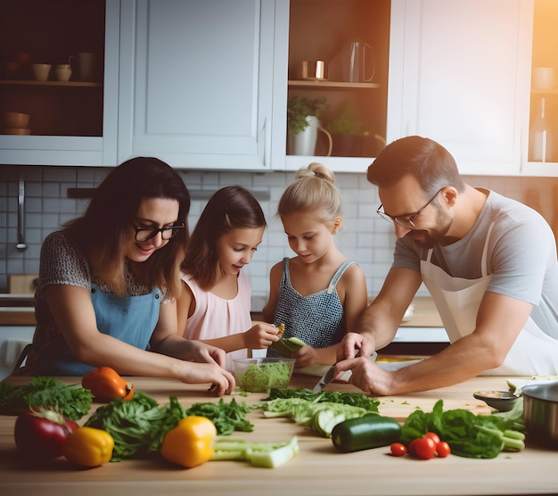 Famiglia felice in cucina che si diverte e cucina insieme Cibo sano a casa