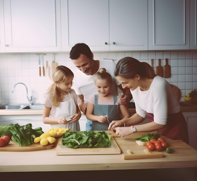 Famiglia felice in cucina che si diverte e cucina insieme Cibo sano a casa