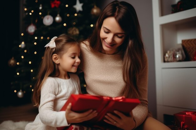 famiglia felice madre e figlia che danno il regalo di Natale e si abbracciano