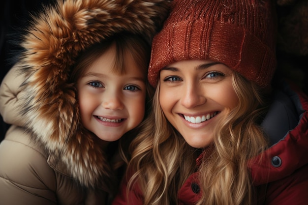Famiglia felice madre e figlia in abiti da inverno