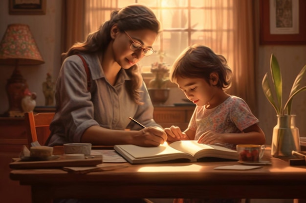 Famiglia felice madre e figlia leggono un libro la sera a casa IA generativa