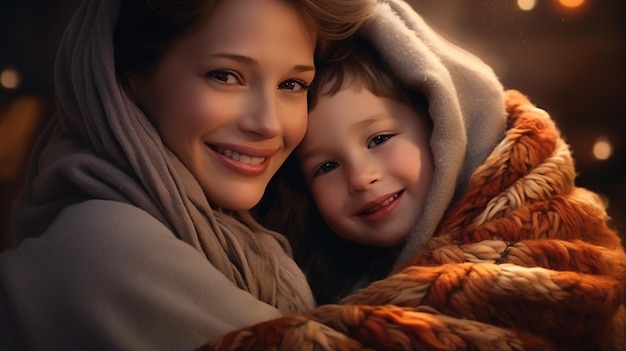 famiglia felice madre e figlio si abbracciano e ridono avvolti in una calda coperta in un'accogliente serata invernale a casa