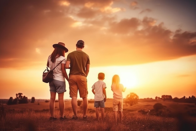 Famiglia felice madre padre bambini figlio e figlia al tramonto su un campo AI