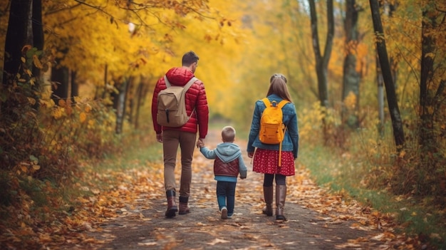 famiglia felice mamma e papà abbracciano suo figlio nel parco Passeggiata in una luminosa giornata autunnale Alberi IA generativa