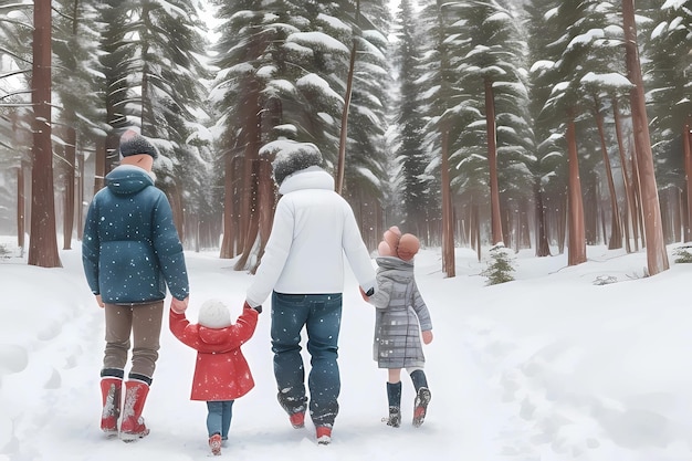 famiglia felice nella foresta di pini di neve