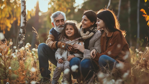 Famiglia felice nonno madre e due figlie nel parco d'autunno sono seduti sull'erba e sorridendo