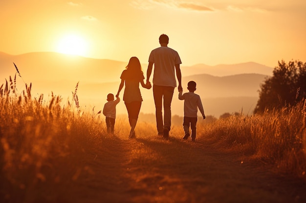 Famiglia felice padre madre e figlia lanciano un aquilone sulla natura al tramonto IA generativa