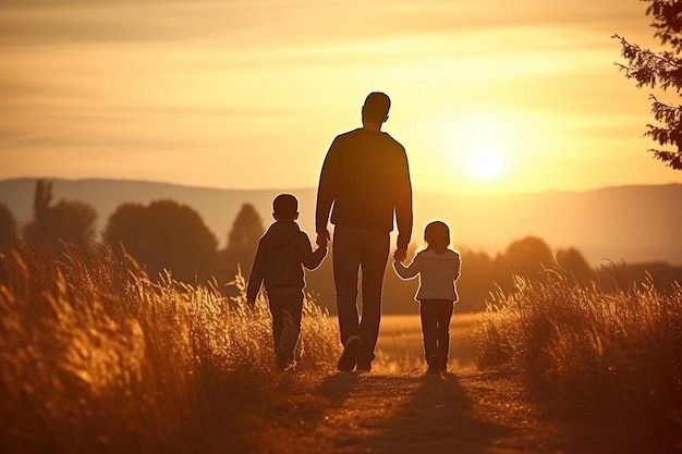 Famiglia felice padre madre e figlia lanciano un aquilone sulla natura al tramonto IA generativa