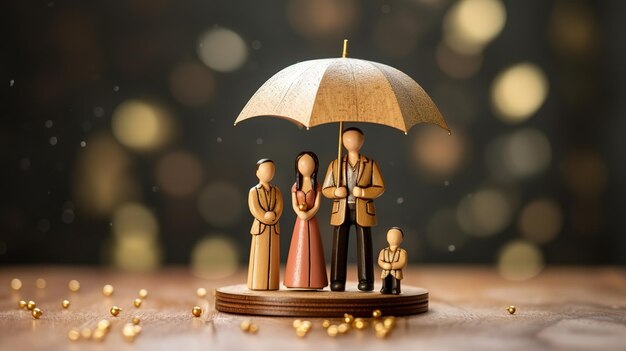 Famiglia felice sotto l'ombrellone sul modello di statuetta in legno che piove sullo sfondo del tavolo