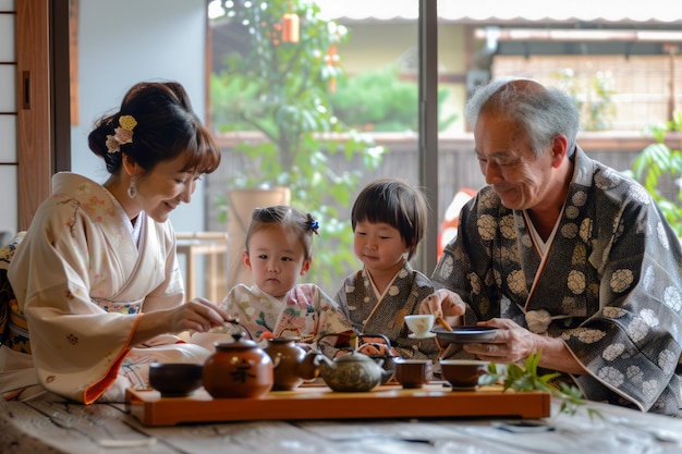 Famiglia giapponese tradizionale che si diverte alla cerimonia del tè a casa in kimono