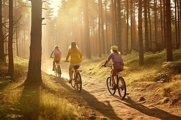 Famiglia in bicicletta attraverso la foresta durante il tramonto