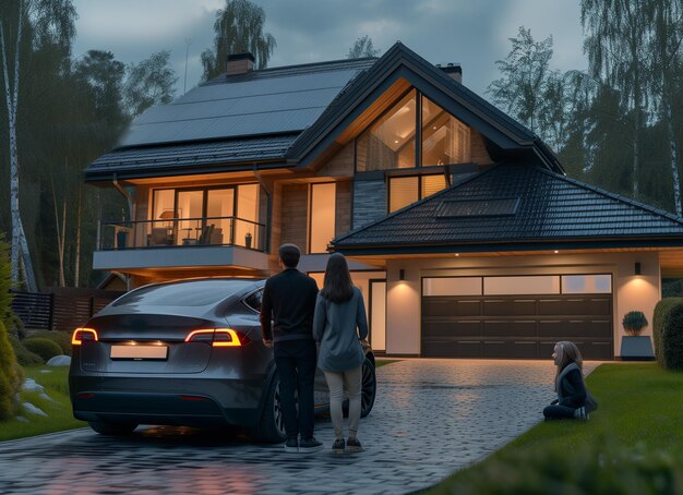 Famiglia in piedi di fronte alla loro casa con pannelli solari sul tetto con auto elettrica