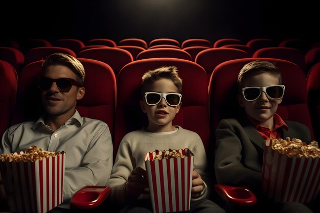 Famiglia in un cinema classico con sedie rosse che guardano un film mangiando popcorn